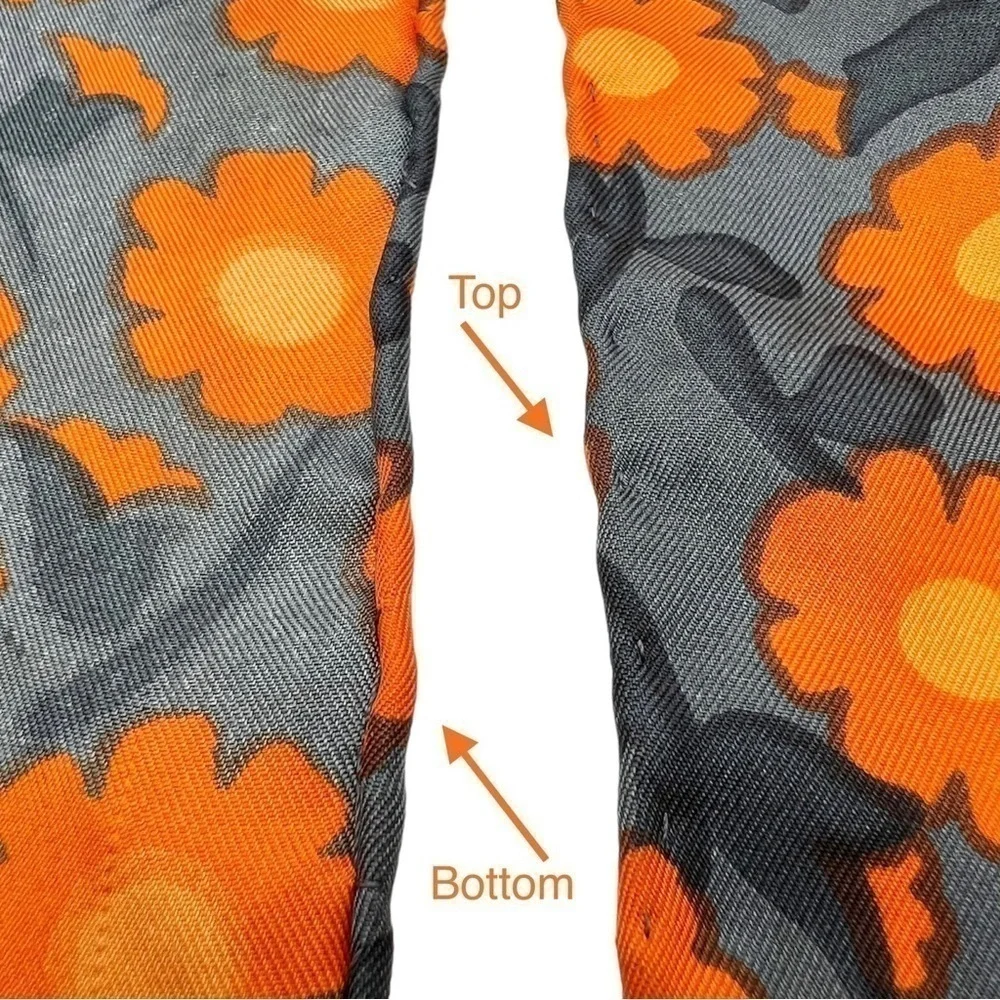 Silk Scarf Hand Rolled 34.5” Square Orange Gray Poppy Sunflower Daisy EUC